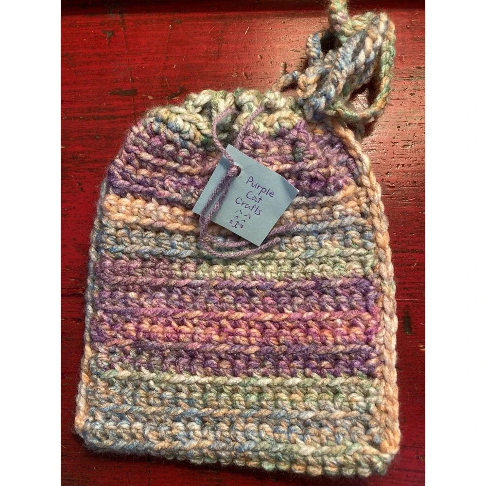 PURPLE CAT CRAFTS Handmade Bag Crocheted Drawstring Pouch Yarn Multicolor